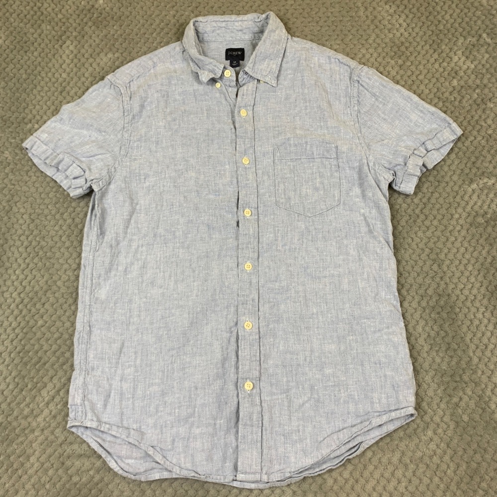 J.Crew Linen Blend Short Sleeve Button Down Shirt Mens Medium Light BlueAL188